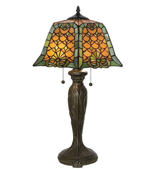 Meyda Lighting Duffner & Kimberly Shell & Diamond 264846 26" 2-Light Mahogany Bronze Table Lamp With Amber & Green Stained Shade Glass