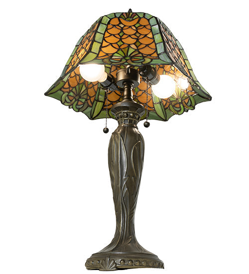 Meyda Lighting Duffner & Kimberly Shell & Diamond 264846 26" 2-Light Mahogany Bronze Table Lamp With Amber & Green Stained Shade Glass