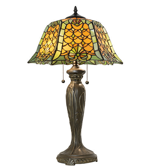 Meyda Lighting Duffner & Kimberly Shell & Diamond 264846 26" 2-Light Mahogany Bronze Table Lamp With Amber & Green Stained Shade Glass