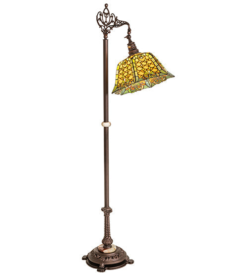 Meyda Lighting Duffner & Kimberly Shell & Diamond 69" Mahogany Bronze Bridge Arm Floor Lamp With Orange & Green Shade Glass