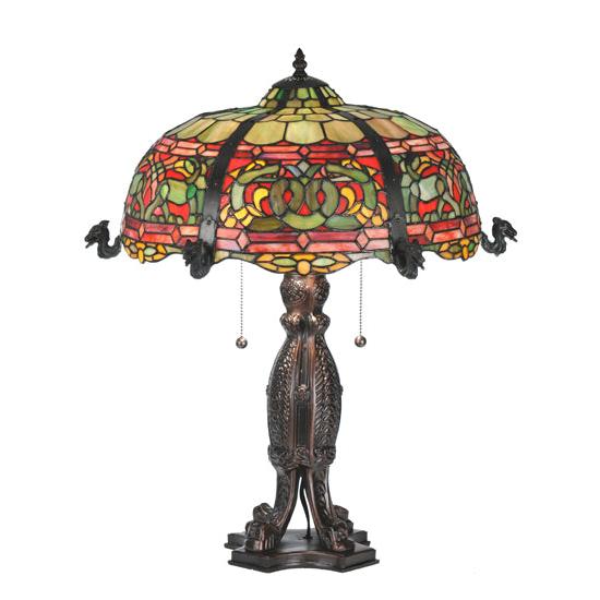 Meyda Lighting Duffner & Kimberly Viking 25" 2-Light Mahogany Bronze Table Lamp With Multi-Colored Shade Glass