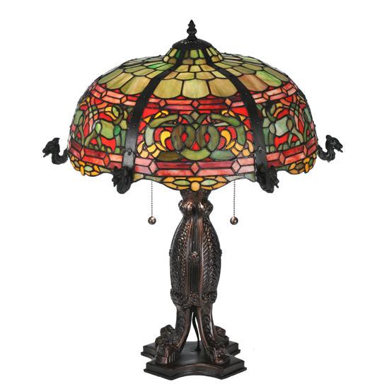 Meyda Lighting Duffner & Kimberly Viking 25" 2-Light Mahogany Bronze Table Lamp With Multi-Colored Shade Glass