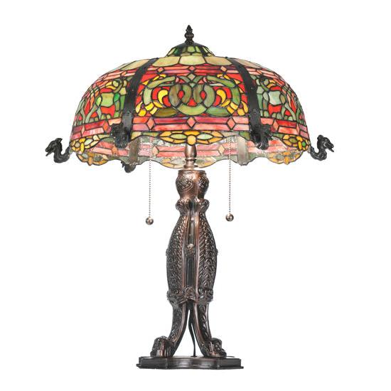Meyda Lighting Duffner & Kimberly Viking 25" 2-Light Mahogany Bronze Table Lamp With Multi-Colored Shade Glass