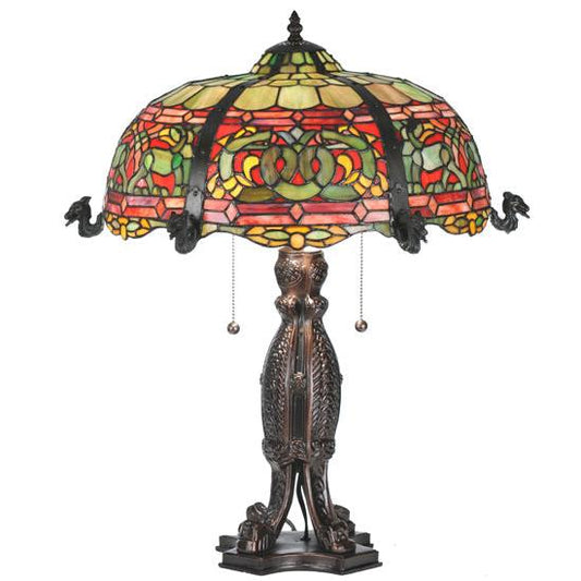 Meyda Lighting Duffner & Kimberly Viking 25" 2-Light Mahogany Bronze Table Lamp With Multi-Colored Shade Glass