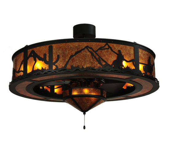 Meyda Lighting Duke 45" 11-Light Textured Black Chandelier With Amber Mica Shade Glass and Fan