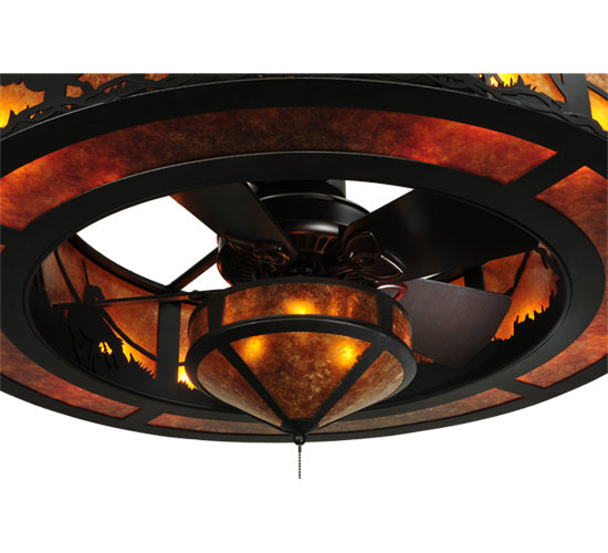 Meyda Lighting Duke 45" 11-Light Textured Black Chandelier With Amber Mica Shade Glass and Fan