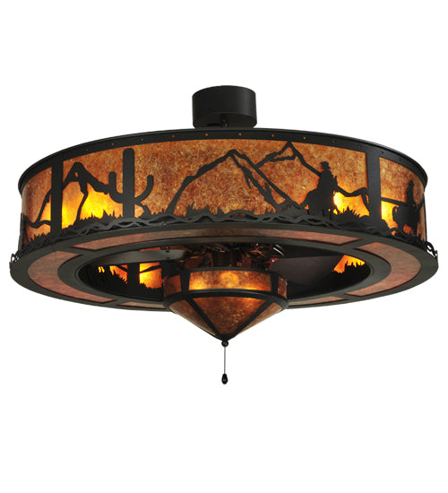 Meyda Lighting Duke 45" 11-Light Textured Black Chandelier With Amber Mica Shade Glass and Fan
