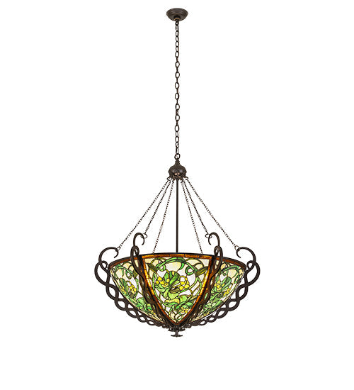 Meyda Lighting Dutchman's Pipe 36" 5-Light Cinnamon Coffee Metallic Inverted Pendant Light With Multi-Colored Stained Shade Glass