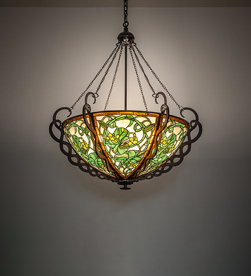 Meyda Lighting Dutchman's Pipe 36" 5-Light Cinnamon Coffee Metallic Inverted Pendant Light With Multi-Colored Stained Shade Glass