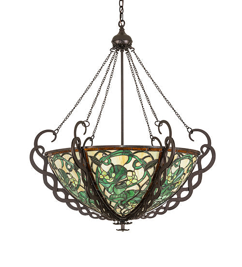 Meyda Lighting Dutchman's Pipe 36" 5-Light Cinnamon Coffee Metallic Inverted Pendant Light With Multi-Colored Stained Shade Glass