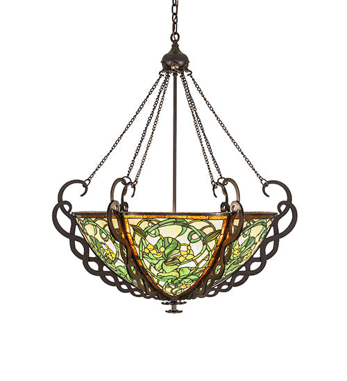 Meyda Lighting Dutchman's Pipe 36" 5-Light Cinnamon Coffee Metallic Inverted Pendant Light With Multi-Colored Stained Shade Glass