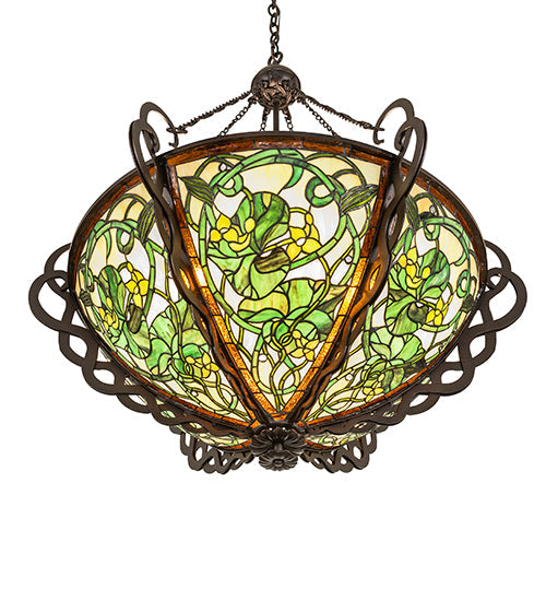 Meyda Lighting Dutchman's Pipe 36" 5-Light Cinnamon Coffee Metallic Inverted Pendant Light With Multi-Colored Stained Shade Glass