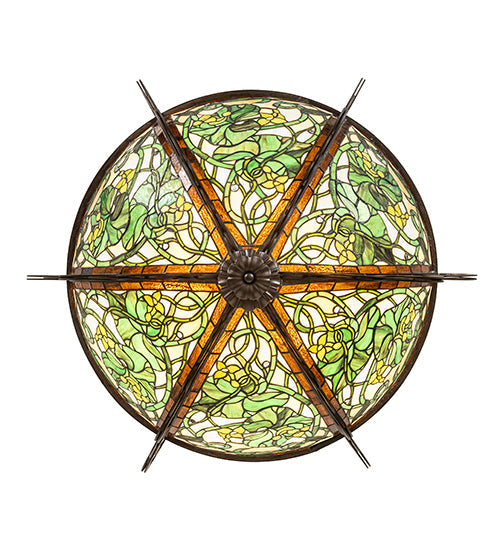 Meyda Lighting Dutchman's Pipe 36" 5-Light Cinnamon Coffee Metallic Inverted Pendant Light With Multi-Colored Stained Shade Glass