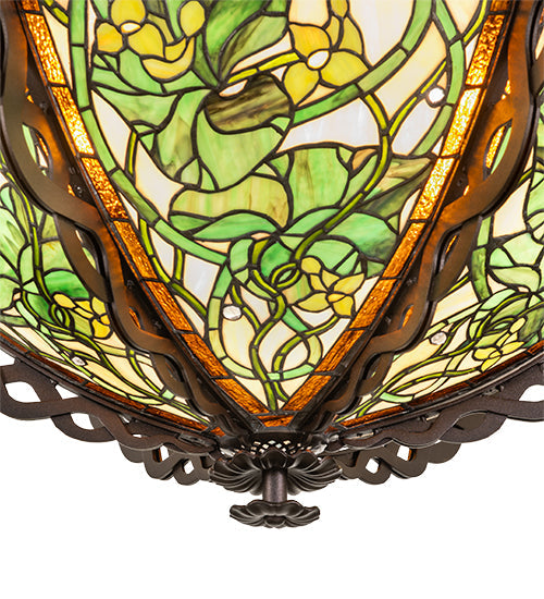 Meyda Lighting Dutchman's Pipe 36" 5-Light Cinnamon Coffee Metallic Inverted Pendant Light With Multi-Colored Stained Shade Glass