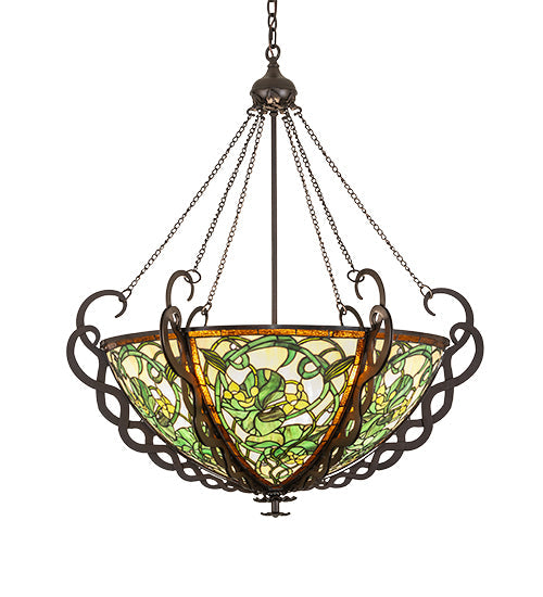 Meyda Lighting Dutchman's Pipe 36" 5-Light Cinnamon Coffee Metallic Inverted Pendant Light With Multi-Colored Stained Shade Glass