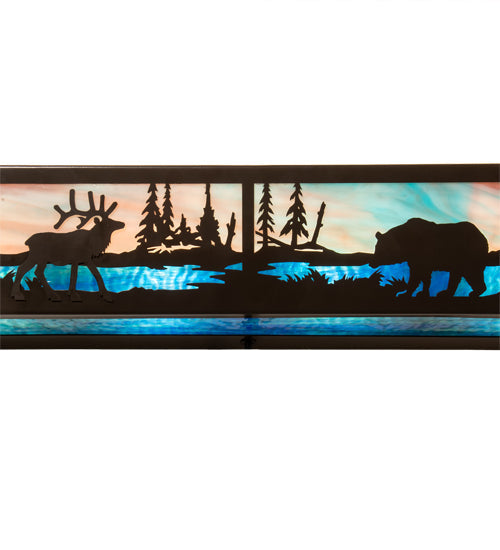 Meyda Lighting Elk & Black Bear 24" 4-Light Timeless Bronze Vanity Light With Sky Blue & Blue Green Ripple Shade Glass