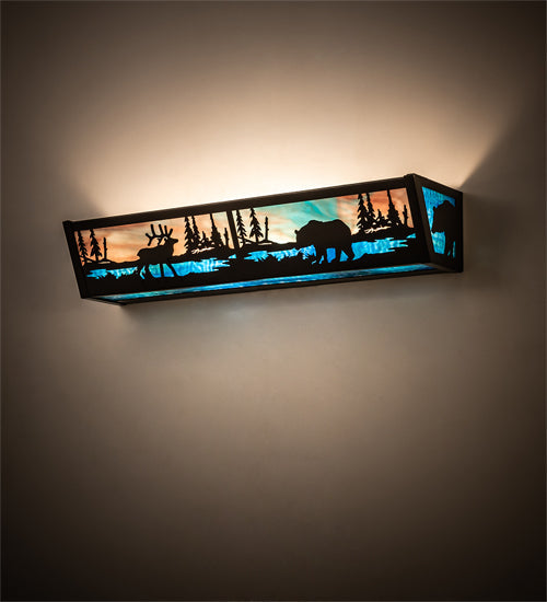 Meyda Lighting Elk & Black Bear 24" 4-Light Timeless Bronze Vanity Light With Sky Blue & Blue Green Ripple Shade Glass
