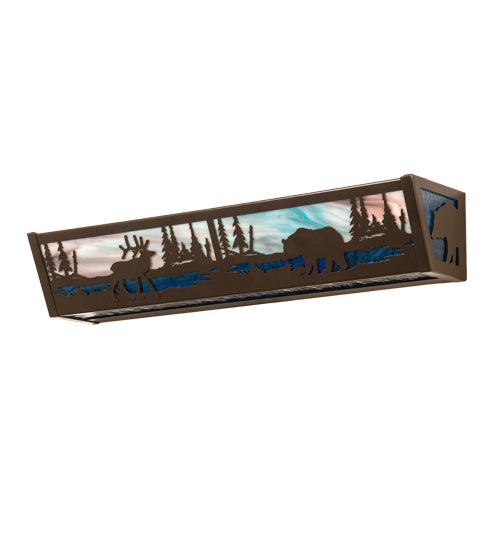 Meyda Lighting Elk & Black Bear 24" 4-Light Timeless Bronze Vanity Light With Sky Blue & Blue Green Ripple Shade Glass