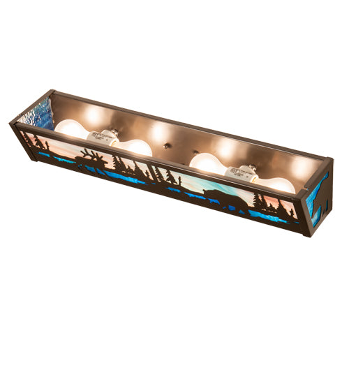 Meyda Lighting Elk & Black Bear 24" 4-Light Timeless Bronze Vanity Light With Sky Blue & Blue Green Ripple Shade Glass