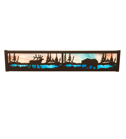 Meyda Lighting Elk & Black Bear 24" 4-Light Timeless Bronze Vanity Light With Sky Blue & Blue Green Ripple Shade Glass