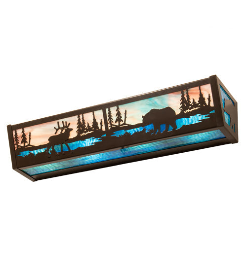 Meyda Lighting Elk & Black Bear 24" 4-Light Timeless Bronze Vanity Light With Sky Blue & Blue Green Ripple Shade Glass