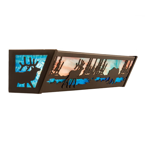 Meyda Lighting Elk & Black Bear 24" 4-Light Timeless Bronze Vanity Light With Sky Blue & Blue Green Ripple Shade Glass