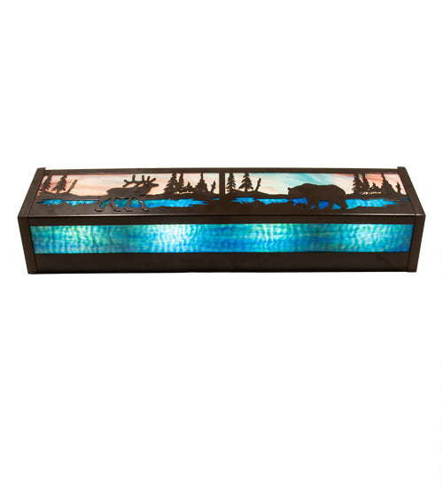 Meyda Lighting Elk & Black Bear 24" 4-Light Timeless Bronze Vanity Light With Sky Blue & Blue Green Ripple Shade Glass