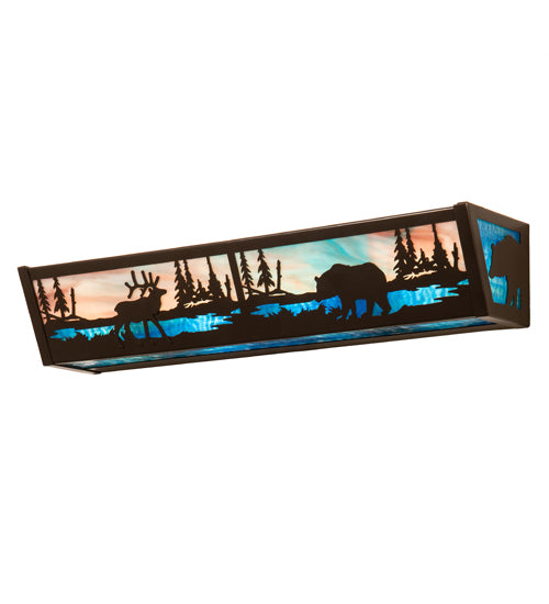 Meyda Lighting Elk & Black Bear 24" 4-Light Timeless Bronze Vanity Light With Sky Blue & Blue Green Ripple Shade Glass