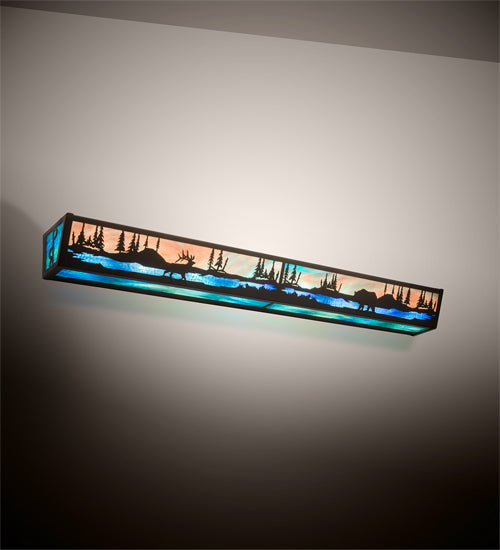 Meyda Lighting Elk & Black Bear 48" 8-Light Timeless Bronze Personalized Vanity Light With Multi-Colored Shade Glass