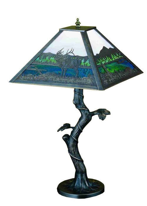 Meyda Lighting Elk Creek 25" Mahogany Bronze Mission Apple Tree Table Lamp With Multi-Colored Shade Glass