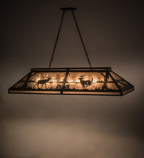 Meyda Lighting Elk & Deer at Lake 61" 9-Light Timeless Bronze Island Pendant Light With Silver Mica Shade Glass