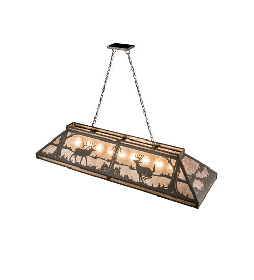 Meyda Lighting Elk & Deer at Lake 61" 9-Light Timeless Bronze Island Pendant Light With Silver Mica Shade Glass