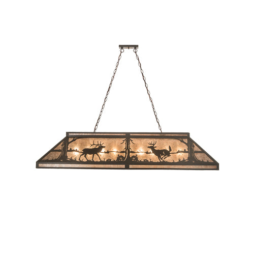 Meyda Lighting Elk & Deer at Lake 61" 9-Light Timeless Bronze Island Pendant Light With Silver Mica Shade Glass