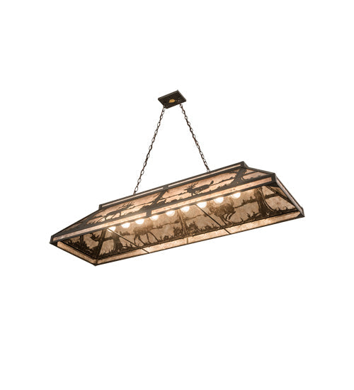 Meyda Lighting Elk & Deer at Lake 61" 9-Light Timeless Bronze Island Pendant Light With Silver Mica Shade Glass