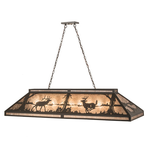 Meyda Lighting Elk & Deer at Lake 61" 9-Light Timeless Bronze Island Pendant Light With Silver Mica Shade Glass