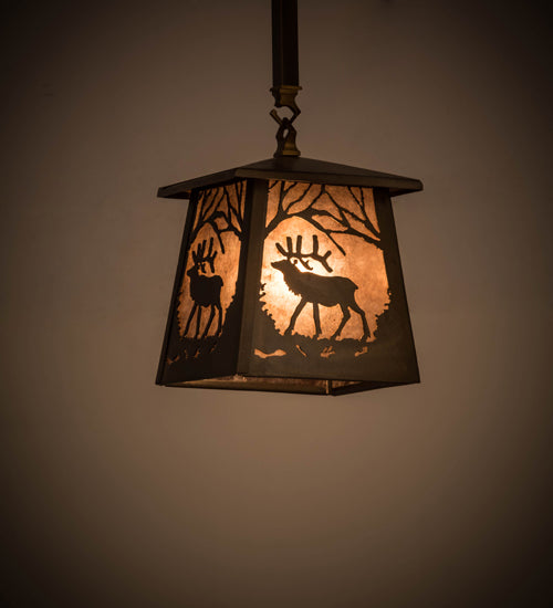 Meyda Lighting Elk at Dawn 10" Antique Copper Mini Pendant Light With Silver Mica Shade Glass