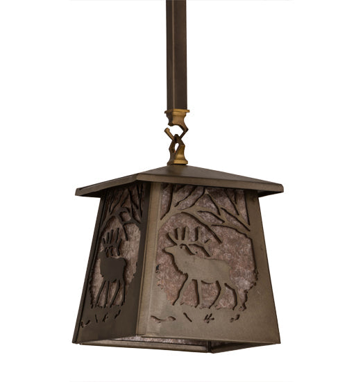 Meyda Lighting Elk at Dawn 10" Antique Copper Mini Pendant Light With Silver Mica Shade Glass