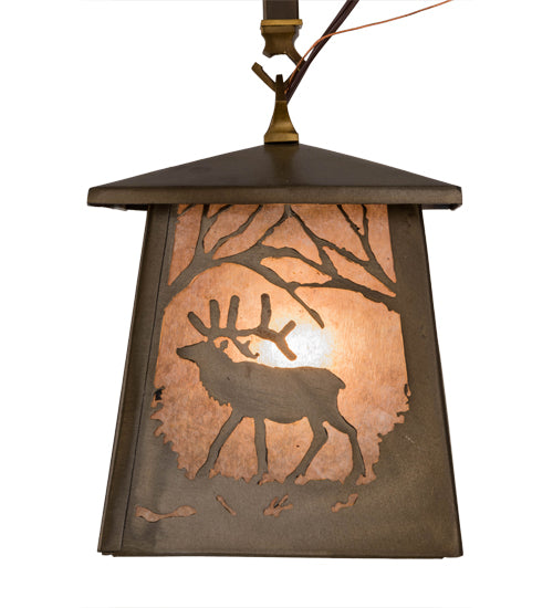 Meyda Lighting Elk at Dawn 10" Antique Copper Mini Pendant Light With Silver Mica Shade Glass