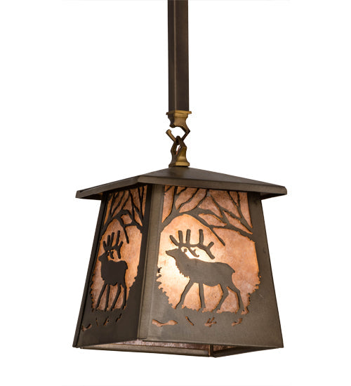 Meyda Lighting Elk at Dawn 10" Antique Copper Mini Pendant Light With Silver Mica Shade Glass