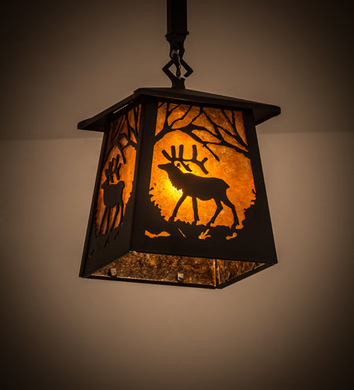 Meyda Lighting Elk at Dawn 10" Textured Black Mini Pendant Light With Amber Mica Shade Glass