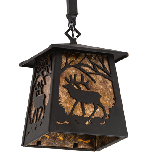 Meyda Lighting Elk at Dawn 10" Textured Black Mini Pendant Light With Amber Mica Shade Glass