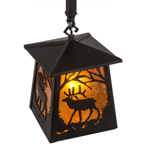 Meyda Lighting Elk at Dawn 10" Textured Black Mini Pendant Light With Amber Mica Shade Glass