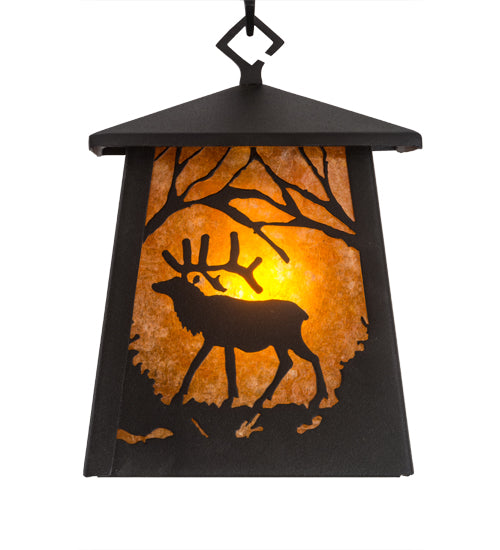Meyda Lighting Elk at Dawn 10" Textured Black Mini Pendant Light With Amber Mica Shade Glass