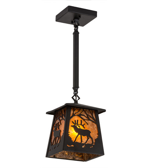Meyda Lighting Elk at Dawn 10" Textured Black Mini Pendant Light With Amber Mica Shade Glass