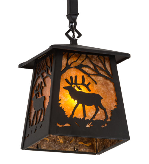 Meyda Lighting Elk at Dawn 10" Textured Black Mini Pendant Light With Amber Mica Shade Glass