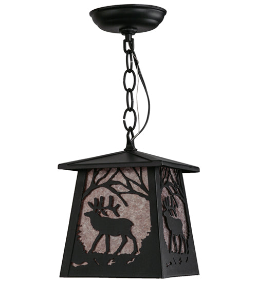 Meyda Lighting Elk at Dawn 10" Textured Black Mini Pendant Light With Silver Mica Shade Glass