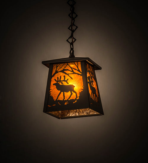 Meyda Lighting Elk at Dawn 10" Wrought Iron Mini Pendant Light With Amber Mica Shade Glass