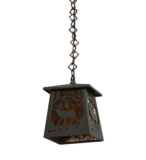Meyda Lighting Elk at Dawn 10" Wrought Iron Mini Pendant Light With Amber Mica Shade Glass