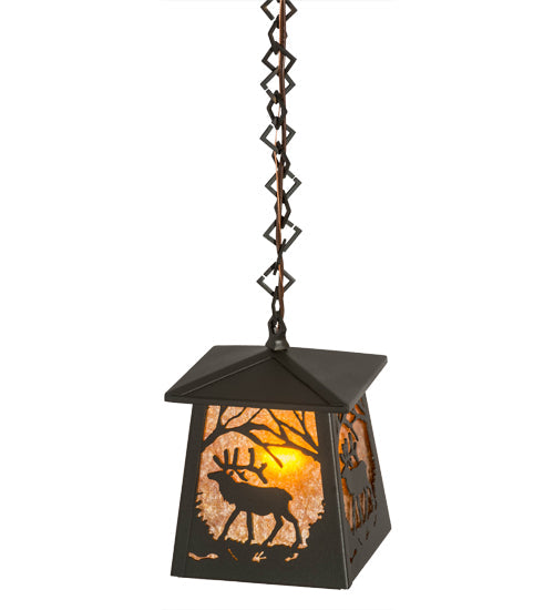 Meyda Lighting Elk at Dawn 10" Wrought Iron Mini Pendant Light With Amber Mica Shade Glass