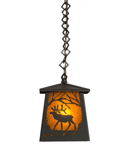 Meyda Lighting Elk at Dawn 10" Wrought Iron Mini Pendant Light With Amber Mica Shade Glass